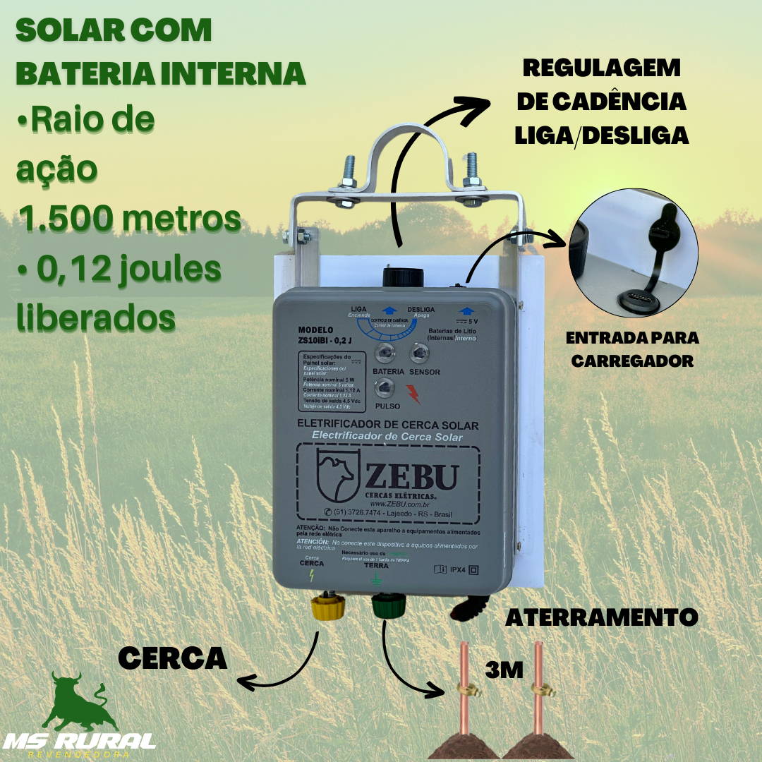 Aparelho De Choque Rural Solar C/bateria Lítio 20km 0,12 J