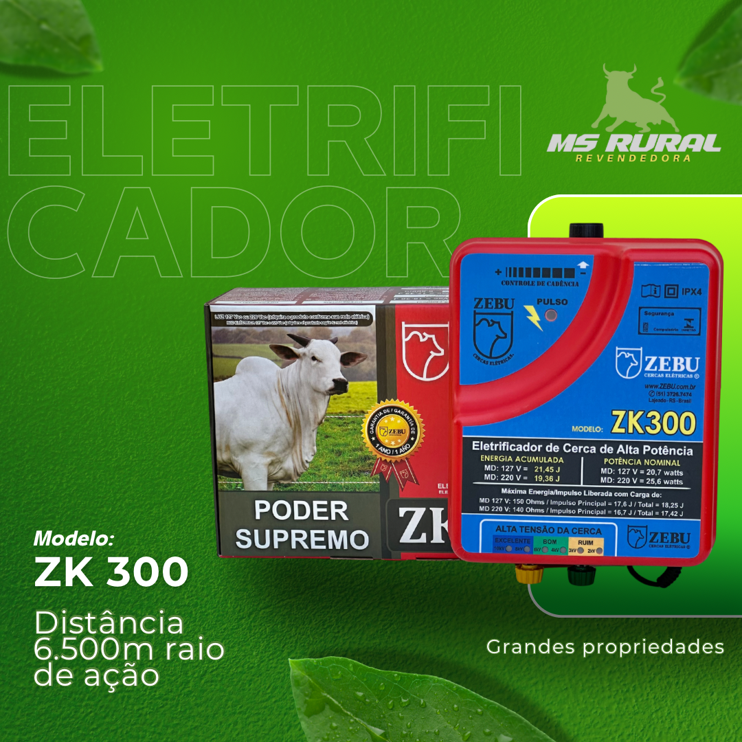 Cerca Elétrica Rural Zebu Zk300 Eletrificador Super Potente 17,5 Joules