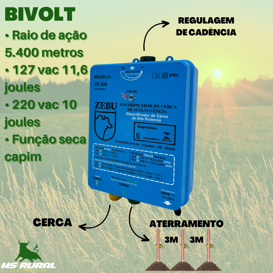 Aparelho De Choque Elétrico Cerca Rural Zk200 10j Zebu