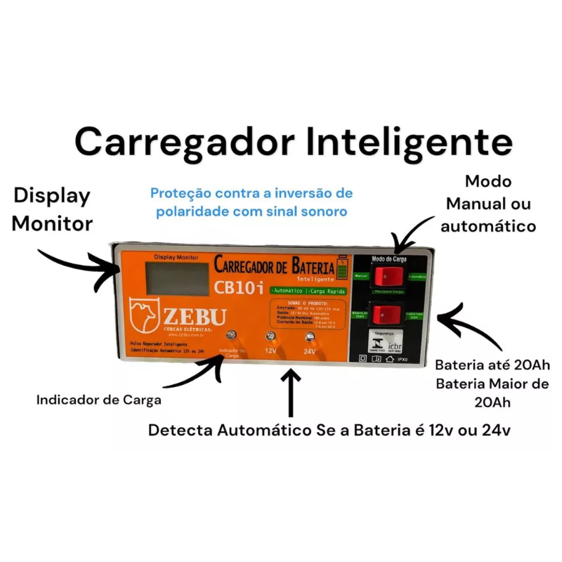 Carregador De Bateria 10ah Inteligente Automotivo 12v E 24v