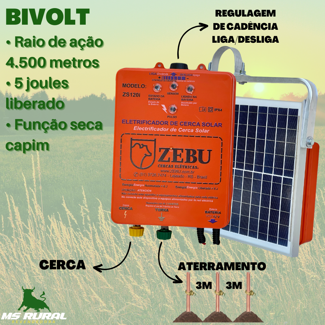 Cerca Elétrica Rural Solar Zs120i Zebu 120km Seca Capim 6j