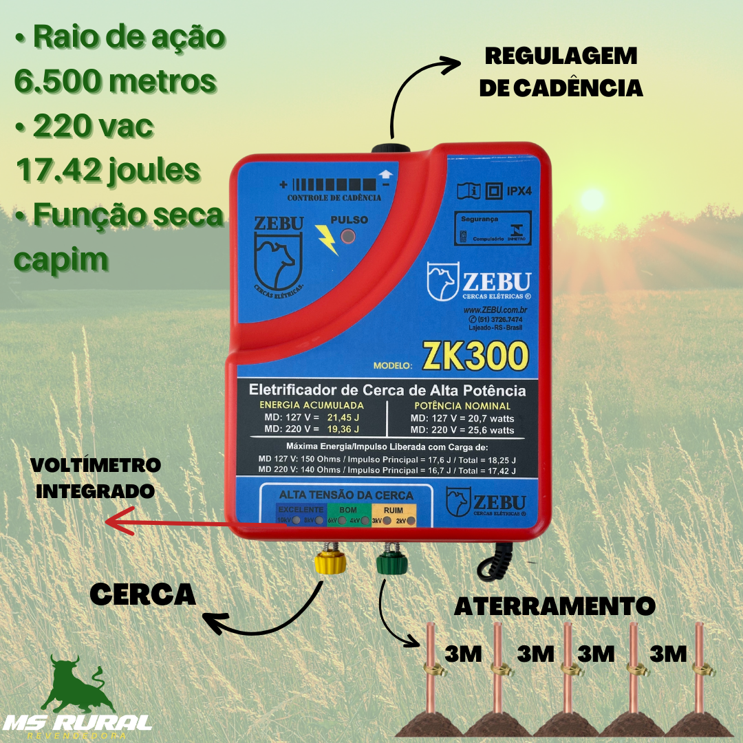 Cerca Elétrica Rural Zebu Zk300 Eletrificador Super Potente 17,5 Joules