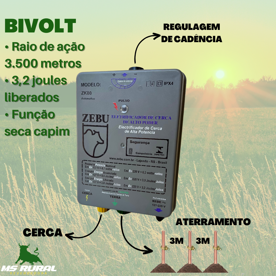 Eletrificador De Cerca Zk80 Zebu Bivolt (gado E Seca Capim)