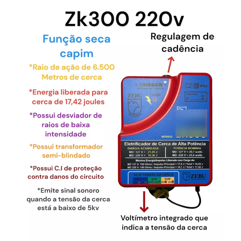 Cerca Elétrica Rural Zebu Zk300 Eletrificador Super Potente 17,5 Joules